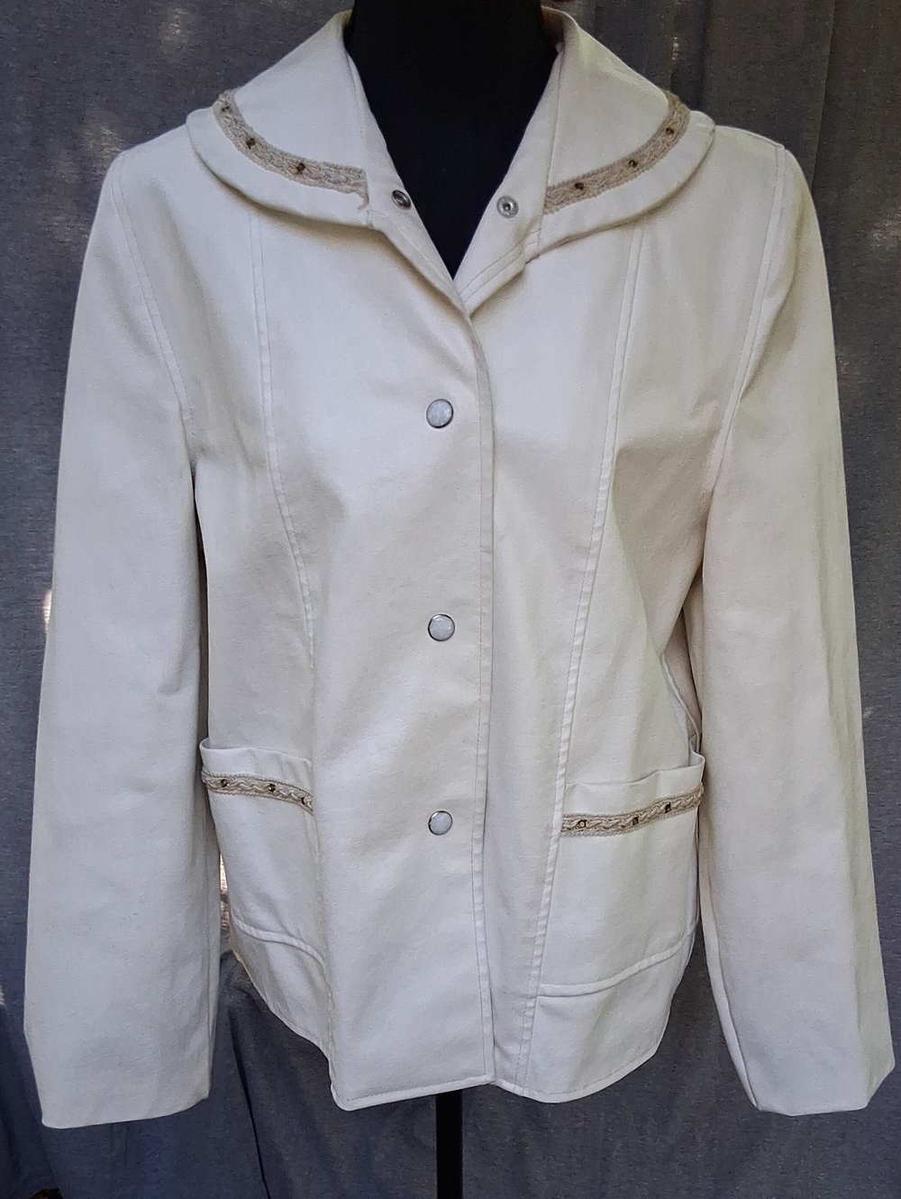 Vintage Cream Leather Jacket Rounded Collar RAU Snaps Striped Satin Lining L